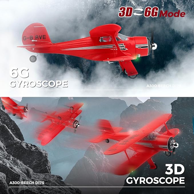 CKYSCHN WLtoys A300 4-Ch RC Plane Beechcraft D-17 RC Airplanes with Lights 6G/3D Brushless RC Planes with 2 Batteries 2.4G Remote Control RC Airplanes Gifts for Adults