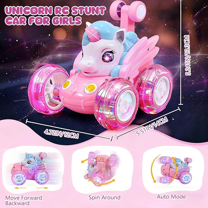Unicorn Toys RC Car for Girls 4-6 Pink Cute Remote Control Toy for Beginner - Easy-to-Use 360°Flips Stunt &amp Cool Blinky Lights - 3 4 5 6 7 8-10 Year Old Girl Birthday Gift Idea Christmas Stuff