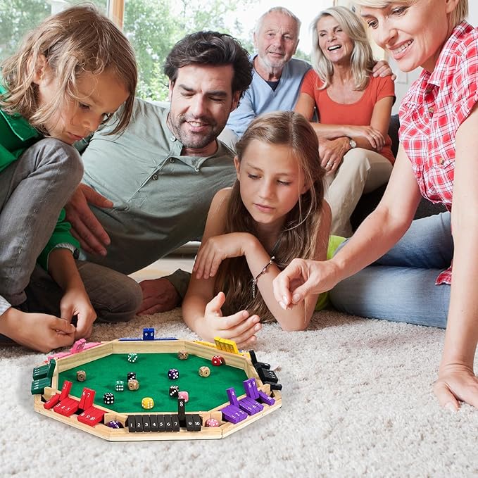 Vamslove Upgraded 2-8 Players Shut The Box Dice Game-Colorful 8-Way Wooden Board Table Math Game with 16 +6 Dices - Close The Box for Kids Adults Families Party Club (Instruction Included)