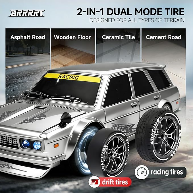 BRRRRT 4WD High Speed RC Drift Car1:24 Remote Control Car20KM/H Mini RC Drift Car with LED LightsAdjustable High Speed/Low Speed Drift CarExtra Drifting TiresBirthday Gifts for Kids Gift 6+
