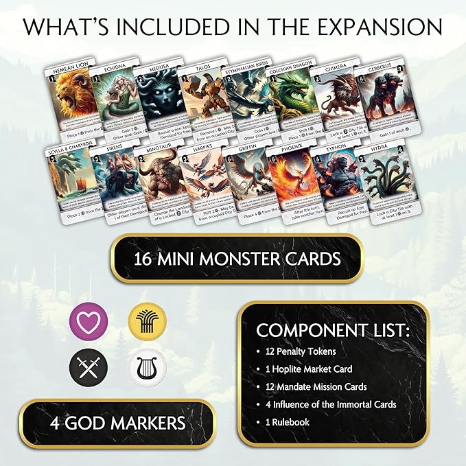 Monsters &amp Mandates Expansion for Pantheum by Archwood Games | 3 Modular Add-Ons with New Demigods Monsters &amp Mandate Missions | Strategy Expansion for Ages 12+ | 1–4 Players | 45–60 Min Play