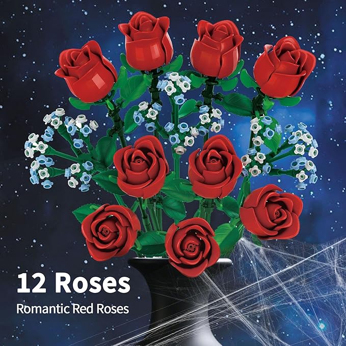 Red Rose Bouquet Building Set 649 PCS 9 Red Roses Compatible with Lego DIY Artificial Flowers Building Blocks Creative Home Décor &amp Gift for Halloween &amp Valentines Wedding Anniversary