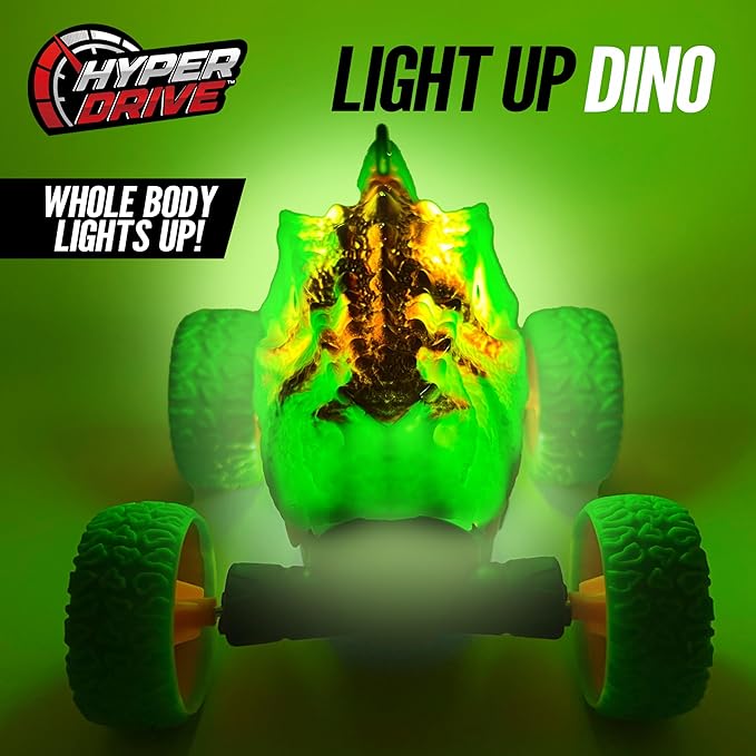 Hyper Drive RC Dinosaur Stunt Car - 360 Rolling Twister Light-Up Action Durable Remote-Control Toy for Boys and Girls Full-Function with Hand Controller Green