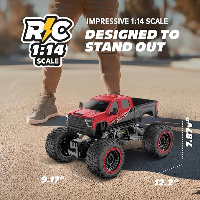 RC 4WD Heavy Metal Chevrolet Silverado Truck – 1:14 Scale Remote Control Car Stamped Metal Body 2.4GHz Full-Function Radio Control USB Rechargeable Ready to Run Red