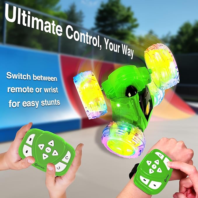 Contixo SC3A Toy Remote Control Car for Kids with Double-Sided 360° Rotating Stunt 4WD Off-Road RC Cars with LED Lights Birthday for Boys and Girls Ages 4 5 6 7 - Green
