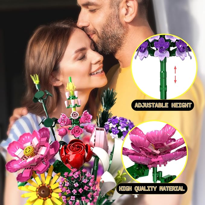Flower Building Kit 699 PCS Eternal Flower Bouquet with Peony Rose Sunflower Lily &amp More DIY Floral Arrangement Set for Home Decor Gift for Christmas Day Building Blocks for Adults &amp Ki