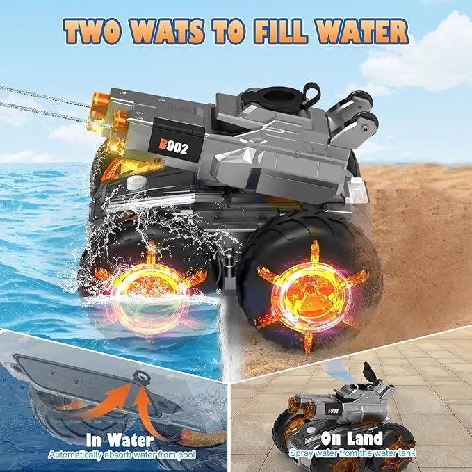 Waterproof Remote Control Car with Water GunRechargeable Amphibious Rc Car BoatsGesture Sensing RC Stunt Cars Drive on WaterOutdoor Indoor Pool Toys for KidsBirthday Gifts for Boys Girls Teens 8+