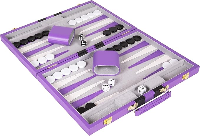 Premium Backgammon 15 Inches Medium Purple - Backgammon Sets for Adults and Kids - Leatherette Back Gammon Board Game Set - Travel Backgammon Set Board Encased with Accessories