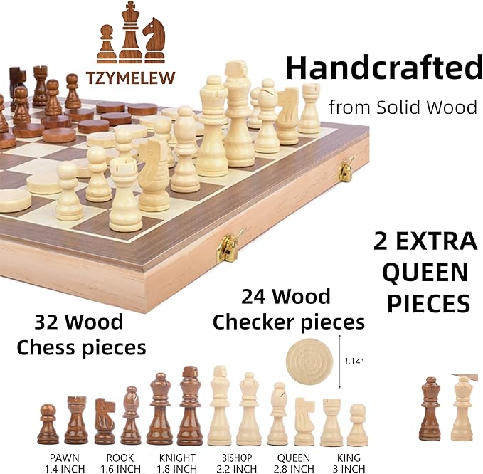 Wooden Magnetic Chess Set 15 – Foldable Board with Storage &amp Checkers Classic Family Game for Kids &amp Adults Perfect for Travel and Gifting