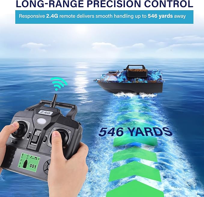 Bait BoatRC Bait Boat for Fishing with GPS &amp Auto Return4.4lbs Bait Capacity 8-Hours Battery 546yd Remote Control Range Brushless Motors &amp Night LightABS Heavy-Duty Hull