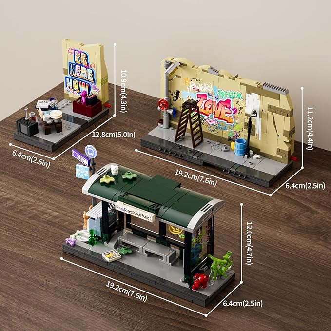 FUNWHOLE Graffiti Bus Stop Lighting Building Bricks Set - Street Fusion City Town Bus Station with LED Lgiht Multi-Form Modular Collection Kit 514 Pcs for Adults &amp Teens &amp Street Culture Lover