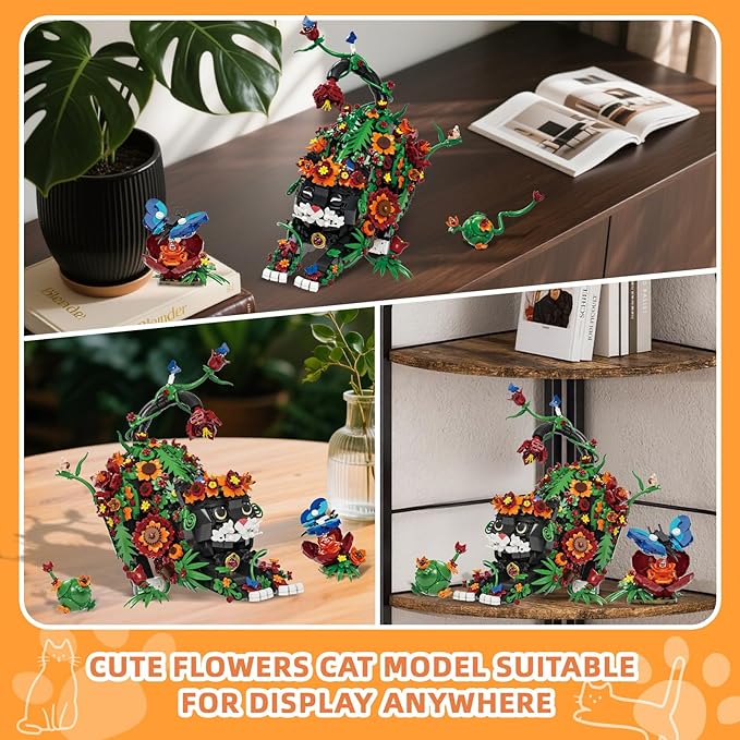 Flowers Tuxedo Cat Building Set for Adults Animal Butterfly Botanical Collection Model Toy for Home Office Decor Compatible with Lego Cat Gift Idea for Teens Boys &amp Girls 14+ (1664 PCS)