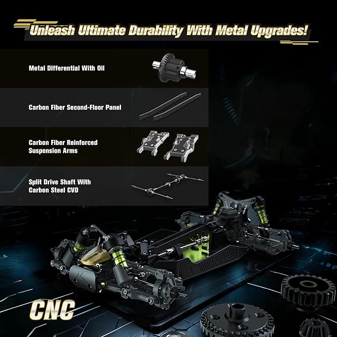 RIAARIO 1/10 Brushless RC Cars RTR Beginner MAX 50+ MPH Metal Drivetrain 4WD Waterproof Electronics Carbon Fiber Black Ages 14+