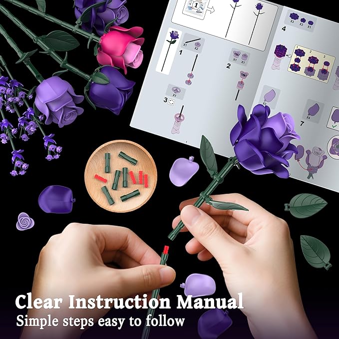 Purple Roses Flower Bouquet Building Sets 834PCS Artificial Flowers Botanical Collection Compatible with Lego Flowers for Adults Gothic Decor Valentines Day Gifts for Her Women Wife Girlfriend Mom