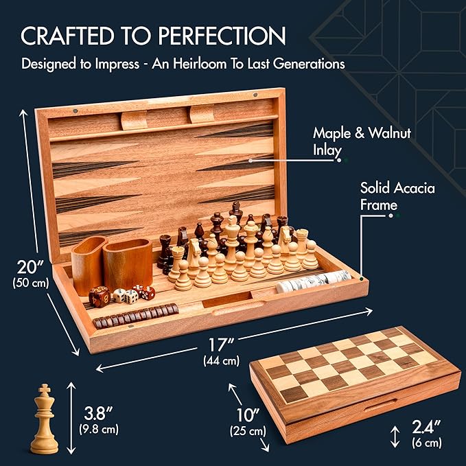 17 Inch Chess Checkers Backgammon Set for adults Wooden chess set combo portable folding two sided board multi game design maple walnut inlay with large weighted pieces acrylic checkers