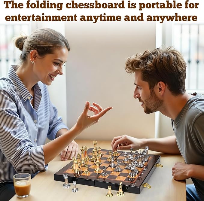 Luxury Large Metal &amp Acrylic Chess Set with Wooden Chess Board (17”) – Weighted Chess Pieces with 3.5” King Foldable Tournament Chess Set for Adults and Kids Professional Chess Game Set