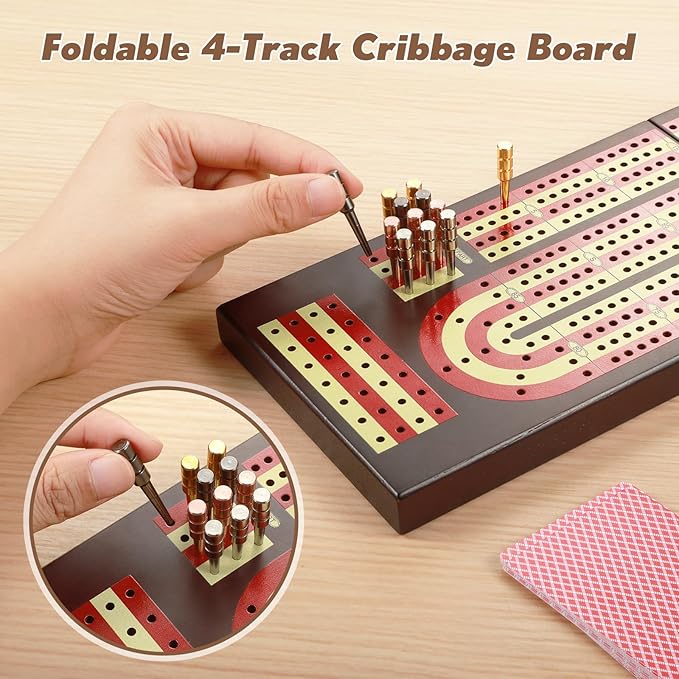 Cribbage Board Foldable 4-Track Cribbage Board Game Set Solid Wood Game Board with 12 Brass Pegs &amp Felt-Lined Storage for 2-4 Players with Convenient Pouch