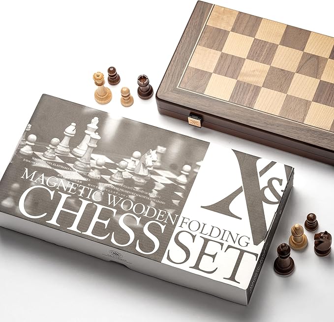 A&ampA 15 Magnetic Wooden Chess Set Handmade 3 King Height Staunton Chess Pieces with 2 Extra Queens Folding Portable Travel Game Set