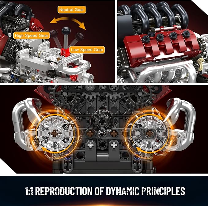 Mould King V8 Engine Building Kit Build Your Own Engine Model Kit That Runs STEM Engineering &amp Physical Science Experiment Set with Battery &amp Motor Car Engine for Age 14+/Adult(787 Pcs)