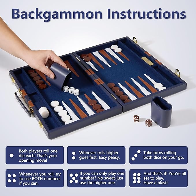 15 inch Backgammon Sets for Adults - Classic Board Game with Premium Sea Blue Leather Case - Travel Backgammon Set for 2 Players - Portable Strategy Board Games for Gifts &amp Family Fun