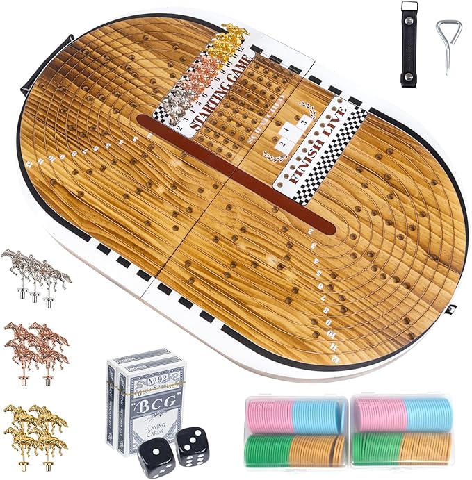 26.4in Wooden Horse Race Board Game for Adults – Foldable Horse Racing Game Board with 11 Metal Horses 2 Jumbo Dice 2 Decks of Cards 2 Boxes of Chips – Party Horse Game Night for Family &amp Frien