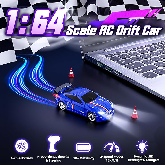 Mini RC Drift Car 1:64 Scale Remote Control Car with LED Lights &amp 2-Speed Modes 2.4GHz Stunt Drifting RC Toys with 4 Obstacles &amp Track Mat Hobby Gift for Kids &amp Adults Blue
