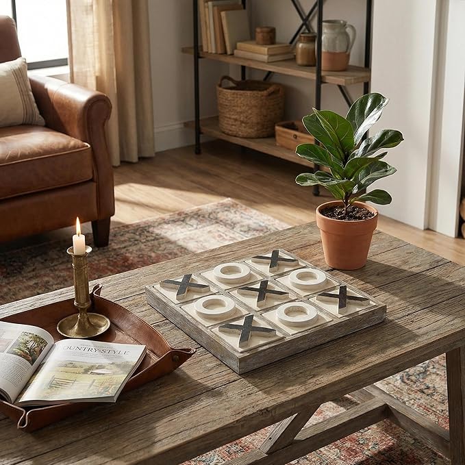 JEVERGN 12.6 Large Wooden Tic Tac Toe Game Rustic Coffee Table Game Wood Farmhouse Tic Tac Toe Board Game Decor Family Games for Adult &amp Kids Washed Brown