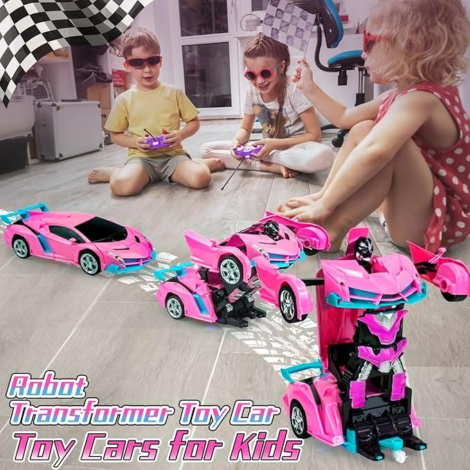 Pink Remote Control Car for Girls Age 3 4 5 6 7 8 Transformation Rc Cars Racing Car with One-Button Deformation &amp 360°Drifting Robot Toys for Birthday