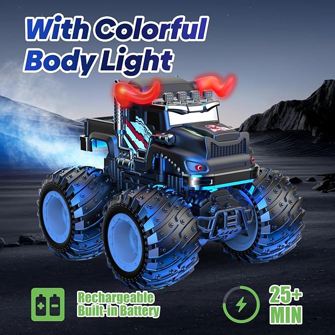 BAODLON Remote Control Monster Car 2.4GHz RC Bull Monster Truck Toys for 3 4 5 6 7 8 Years Old Boys Kid All Terrain RC Truck Off Road with Spray Light Rechargeable Battery Christmas Birthday Gift