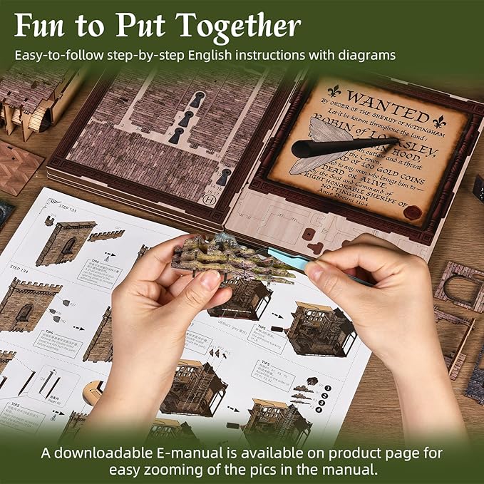 Book Nook Kit - 351 Pcs Wooden Miniature Kit with LED Lights Dust Cover &amp Medieval Details (Robin Hood)