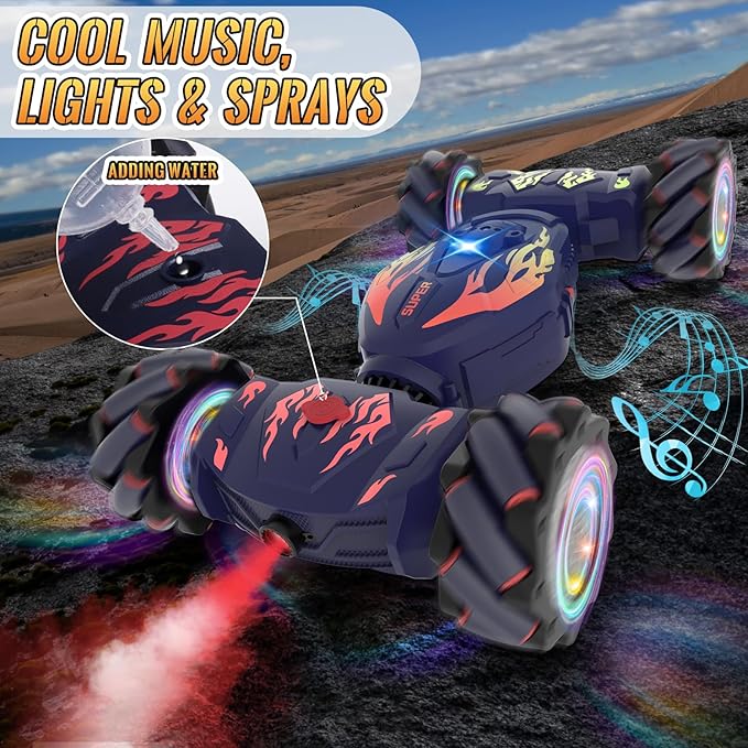 Pristar RC Cars Gesture Sensing RC Stunt Car Toys for Boys Girls 6-12 2.4Ghz 4WD Remote Stunt Car with Spray Lights Music 360° Rotate Fast Off-Road Transform Birthday Xmas Gifts for Kids Age 6-12