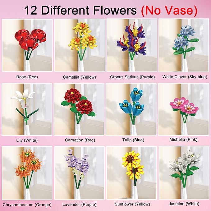 Flowers Bouquet Building Set 12 Artificial Flowers 1064 PCS Bricks Blocks Toy for Adults &amp Kids Botanical Collection Gift for Mother's Day Valentine Birthday Christmas (No Vase)
