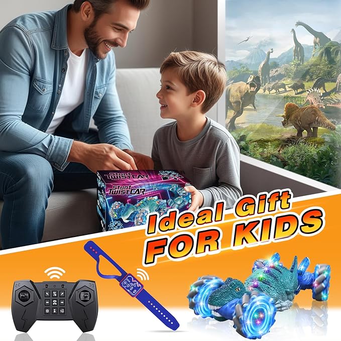 Remote Control CarDinosaur Toys car for Kids2.4GHz LED Gesture Sensing RC Car4WD Rotation RC Stunt Car with Lights and MusicDino Toys for Kids Ages 3 4 5 6 7 Gifts for Boys Girls(Blue)