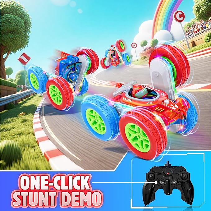 Remote Control Car Kids Toys with Shiny Electroplated Finish RC Cars Stunt Toy with LED Lights 2.4GHz Double-Sided 360° Flips USB-C Fast Charging Perfect Birthday Xmas Gift Boys