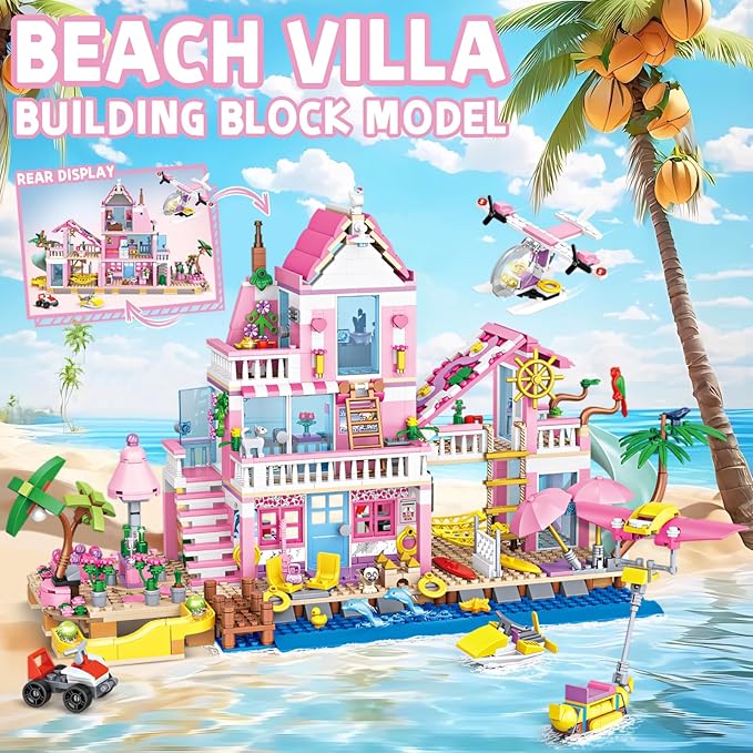 Beach Villa Building Block Set Deluxe 2-Story Vacation Resort with Pool Palm Trees &amp Fun Details STEM Toy for Kids Teens