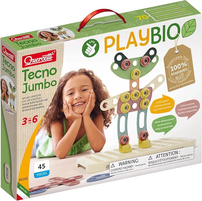 Quercetti Tecno Jumbo Building Toy - Set includes 45 Pieces to Make 3-D Designs - STEM Toy for Educational Play and Motor Skills Development - Made with PlayBio Material - for kids ages 3 years +