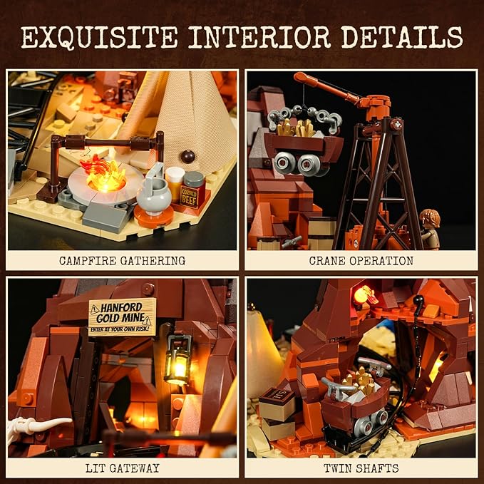 Wild West Gold Mine Lighting Building-Bricks Set - Western Prospector’s Dig Entrance 658 Pcs Mining Playset for Adults and West Lovers