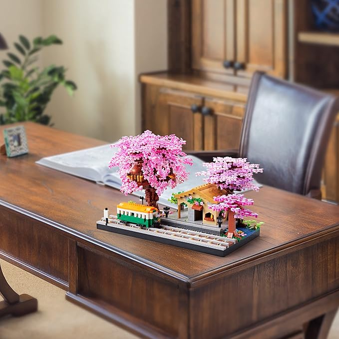 Japanese Cherry Blossom Tree Flower House Micro Building Blocks Set for Adults Bus Station Mini Bricks Model Treehouse Decorative Architectural