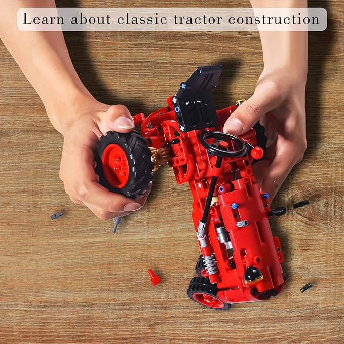 Classic Building Blocks 1/12 Red Tractor Farm Toy Building Set Gift for Kids Ages 6 7 8 9 10 11 12 Includes Shifting Structure Steering Structure Features (Classic Edition)