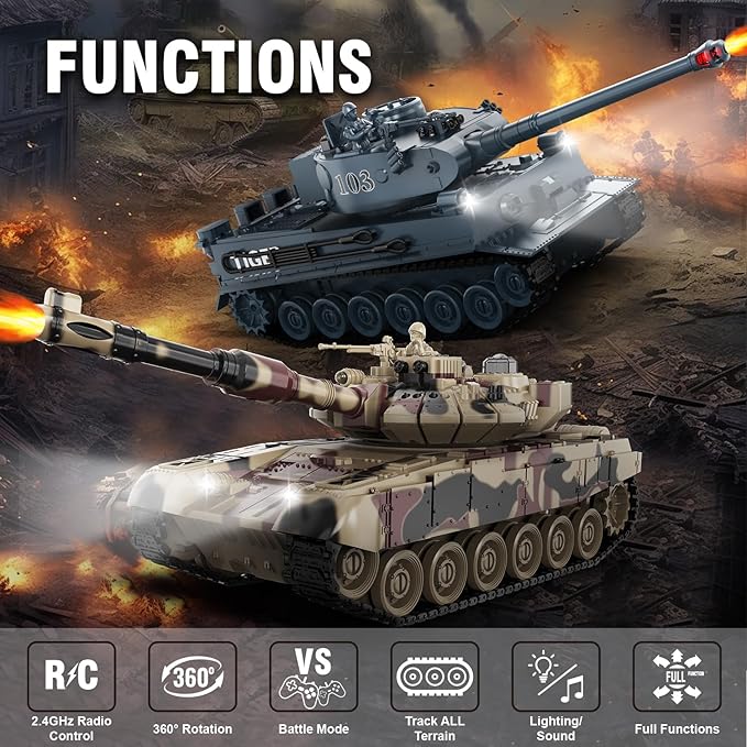RC Tank Set1/24 RC Battle Tank Set Toy Tanks with Life Indicators and Spray2.4G Remote Control with Realistic Sounds and LightsRC Army Toys for Boys Age 6+ Year Old Gifts for Kids and Adults