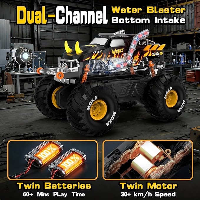 1:16 Waterproof Monster Truck Toys RC Car Amphibious rc Cars Water Blaster Trucks 60+ Min Runtime with 2 Batteries 360 Spin 4WD All Terrain Off-Road Pickup Toy for 4-12 Year Old Kids Gifts Presents