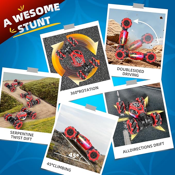 Spider RC Cars Toys with Body Tires Lights 2.4GHz Gesture Hand Control Car One-Button Deformation Fast 360°Rotation Toys Birthday Gifts for 7 8 9 10 Year Old Boys Age 6-12