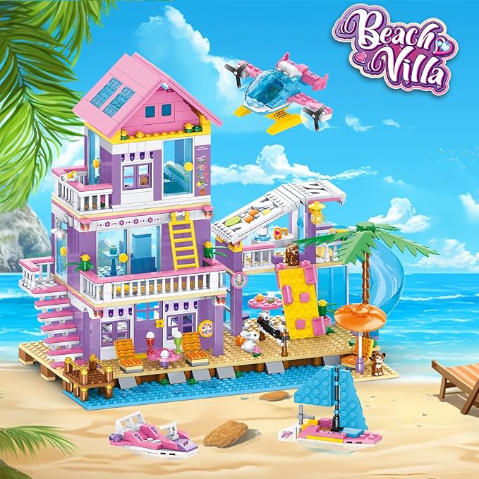 955 Piece Beach House Building SetSeaside Beach Villa Building Toys Friends Vacation Hut Blocks SetSTEM BuildingToys with HelicopterYachtSailboatChristmas Birthday Gift for Girl Age 6-12+
