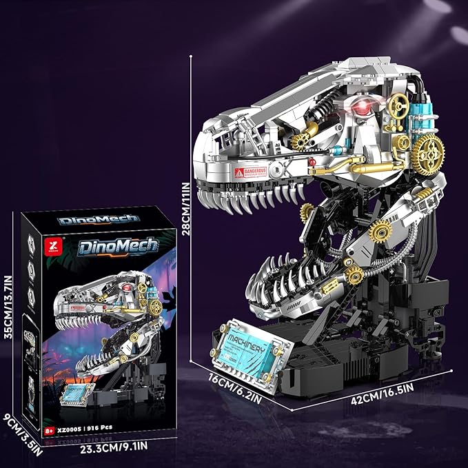 Mechanical Dinosaur Building Set 916PCS Dinosaur Skull Model Kit with Light Sound &amp Mist Dynamic T-Rex Head Building Block Set for Teens &amp Adults Gift for Collectors