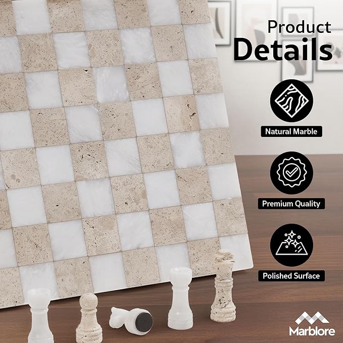 Marble Chess Set 10 Inch Handmade White &amp Travertine Chess Board with 32 Pieces &amp 2 Extra Queens Classic 2 Player Chess Game for Adults Elegant Gift for Women's and Perfect for Game Nights