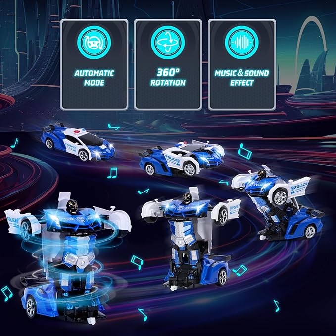 Wrystte Remote Control Police CarGesture Sensing Transform Robot 2.4G RC Cars Toys for Ages 4-12Boy Toys with Light MusicOne Button Deformation360 Rotating Drift Xmas Birthday Gift for Boys Girls