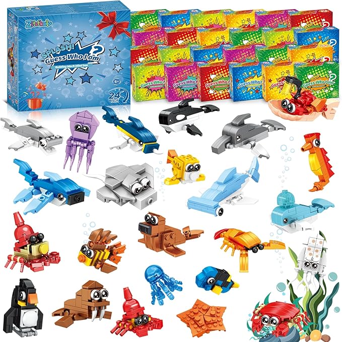 Party Favors for Kids - 24 Pack Ocean Animals Building Block Toy Goodie Bags Fillers Classroom Prizes Stuffers Gifts Building Set Christmas Birthday Gift for Boys Girls Ages 6-12