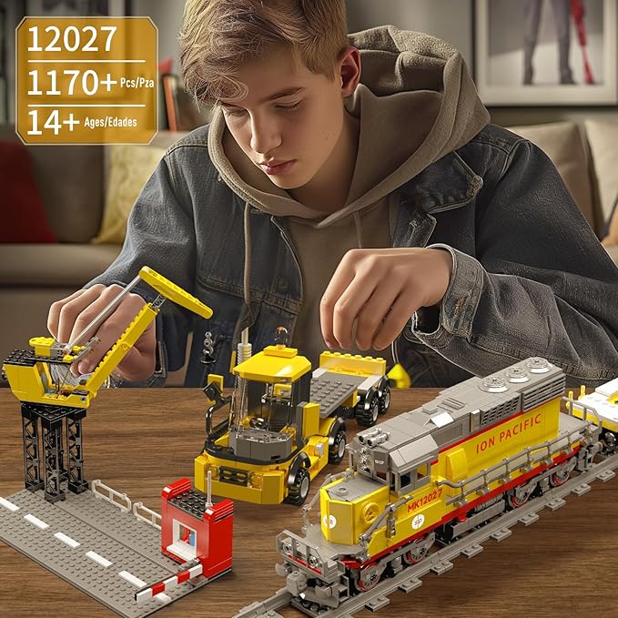Mould King 12027 Diesel Locomotive Train Building Sets with a Semi-Trailers Cranes Remote/App Control Engineering Toy Kit Scale Model with Trains Tracks for Adults(1170 Pieces)