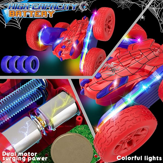 Spider RC Cars Toys for Boys 4-6 2.4GHz Remote Control Car with 26 LED Light System 360° Flips Changeable Wheels Rechargeable All-Terrain Truck Gift for Kids Ages 4-8