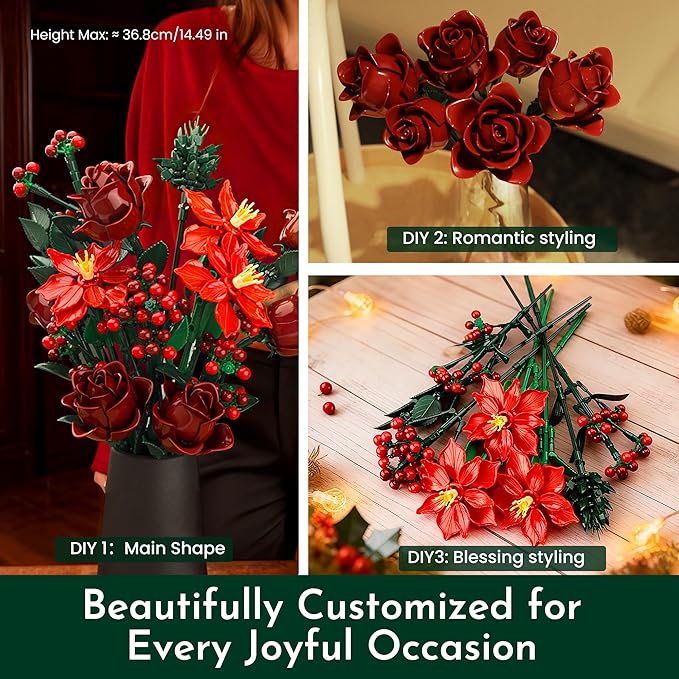 Rose Flower Bouquet Building Set for Adults Buildable Artificial Poinsettia Floral Botanical Decor for Table Centerpiece Birthday for Women Girlfriend Mom Wife(917 Pcs)